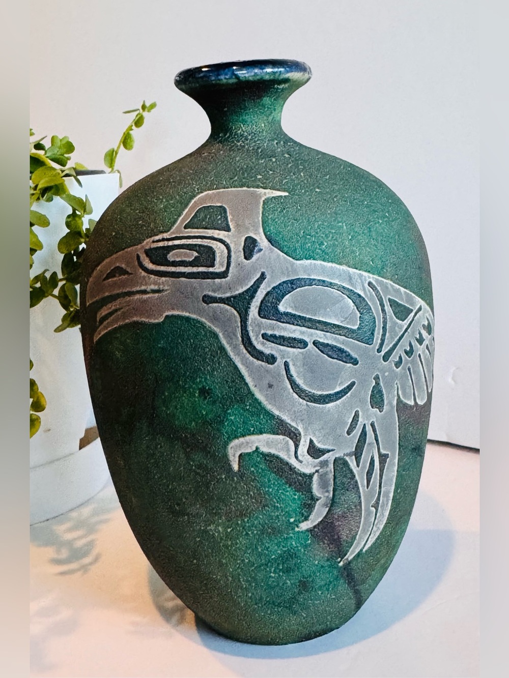 Stephan Roy West Coast First Nations Thunderbird Raku Vase Signed 6 1/2” Tall